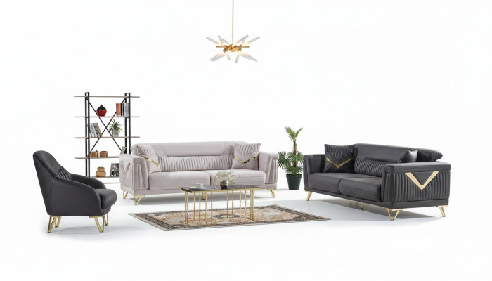 Sofagarnitur 3+3+1 Sitzer Textil Holz Sofa 3 Sitzer Modern Sessel Komplett Set Neu