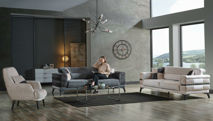 Sofagarnitur 3+3+1 Holz Wohnzimmer Luxus Sofa Modern Stoff Neu Komplett