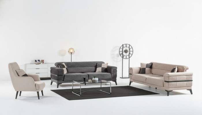 Sofagarnitur 3+3+1 Holz Wohnzimmer Luxus Sofa Modern Stoff Neu Komplett