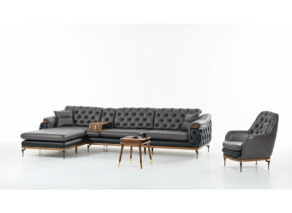 Schwarz Wohnzimmer Set Ecksofa L-Form Sessel Modern Chesterfield Komplett