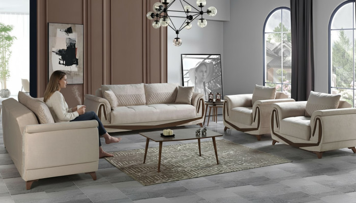 Sofagarnitur 3+2+1+1 Holz Wohnzimmer Luxus Sofa Modern Stoff Komplett Neu