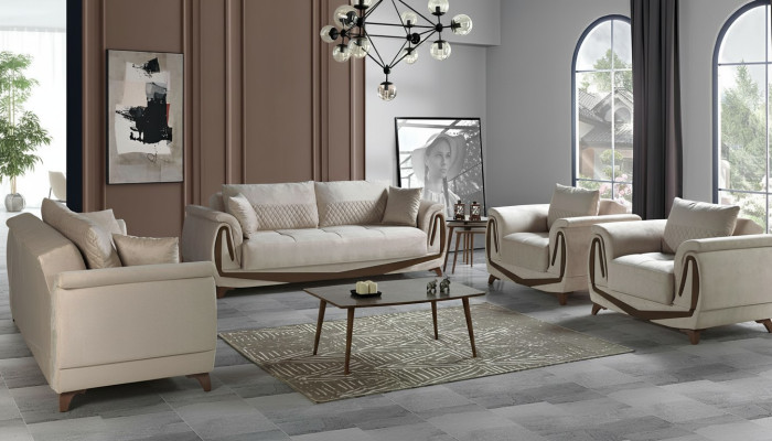 Sofagarnitur 3+2+1+1 Holz Wohnzimmer Luxus Sofa Modern Stoff Komplett Neu