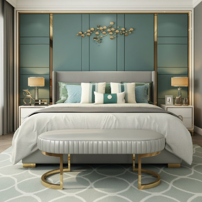 Dřevěná postel v designu dvojlůžka luxusního moderního hotelu s rámem pro ložnici nová.