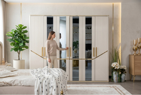 Šatní skřín Skříně Skříň Design Dřevo Béžová Zlatá Moderní Nábytek 270cm