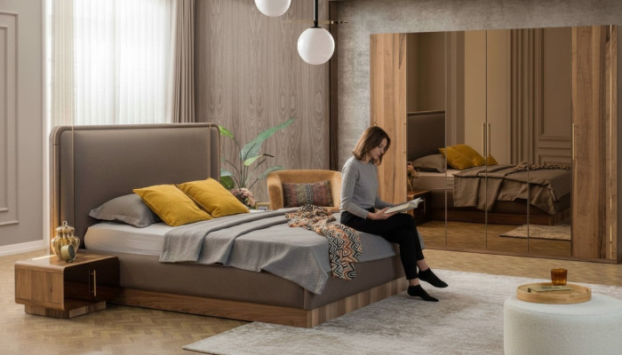Luxus ložnice set postel + 2x noční stolky + skříň Dřevo Kompletní Moderní Nové