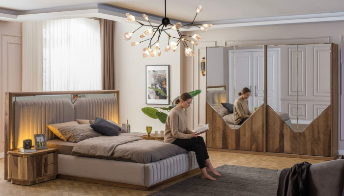 Luxus Ložnice set Postel + 2x Noční stolky + Šatní skříň Moderní Kompletní