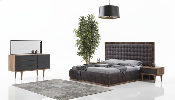 Schlafzimmer Set Bett + 2x Nachttische + Kommode + Spiegel Design Möbel 5tlg