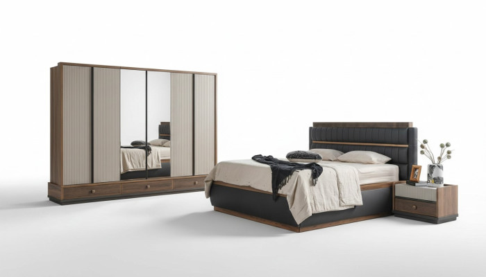 Zweifarbige Schlafzimmer Designer Garnitur Doppelbett Schrank Kommode