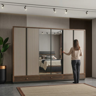 Beiger Schlafzimmer Kleiderschrank Designer Holzschrank Edle Möbel Neu