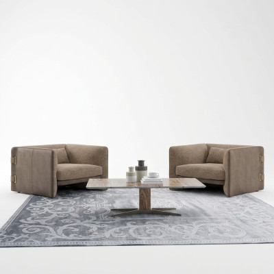 2x Luxus Sessel Wohnzimmer Holz Couchtisch Modern Möbel Textil Polstersessel