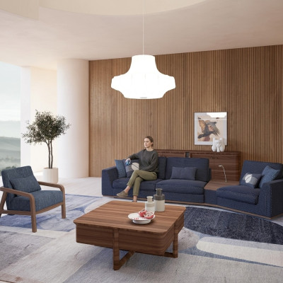 Modrý sedací souprava set třísedák pohovky obývací pokoj křeslo moderní design textilie