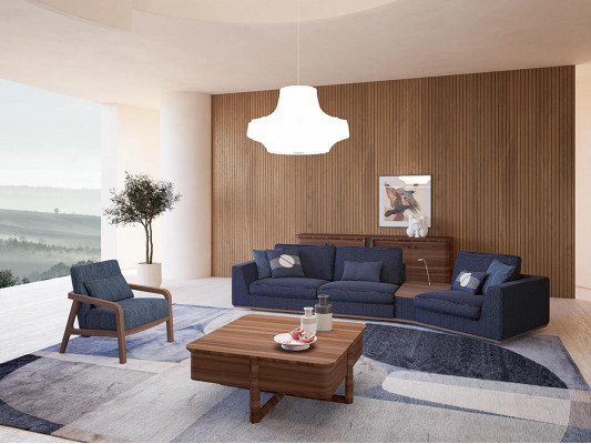 Modrý sedací souprava set třísedák pohovky obývací pokoj křeslo moderní design textilie