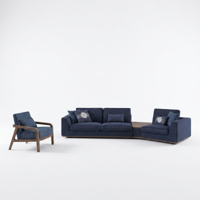 Modrý sedací souprava set třísedák pohovky obývací pokoj křeslo moderní design textilie