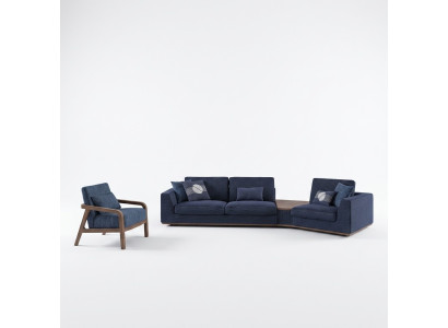 Modrý sedací souprava set třísedák pohovky obývací pokoj křeslo moderní design textilie