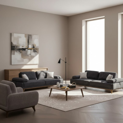 Obývací pokoj Set šedý Pohovka dvoumístná s třímístnou Tkanina Design Konferenční stolek
