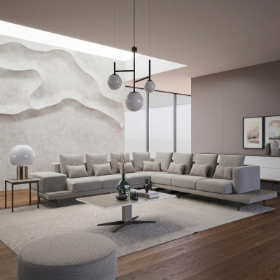 Wohnzimmer Grau Polstermöbel Ecksofa L-Form Design Couchtisch Beistelltisch