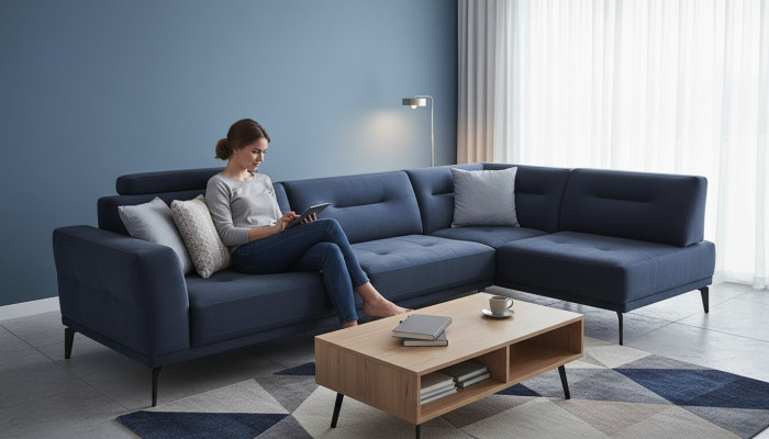 Eck Garnitur Obývací Pokoj Modrá L-Forma Látka Sofa Moderní Design