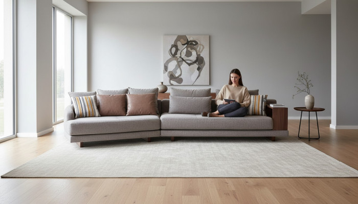 5-místná masivní šedá látková pohovka do obývacího pokoje elegantního moderního designu