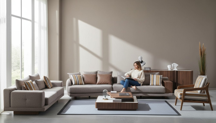 Graue Wohnzimmer Sofas Stoffsofas Designer Sessel Holz Couchtisch 5tlg.