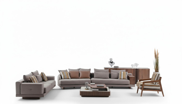 Graue Wohnzimmer Sofas Stoffsofas Designer Sessel Holz Couchtisch 5tlg.