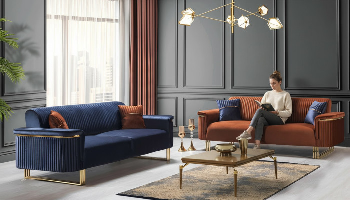 Moderno obývací pokoj v modro-oranžové barvě, sada pohovkového nábytku designové látkové pohovky 2 dílné.