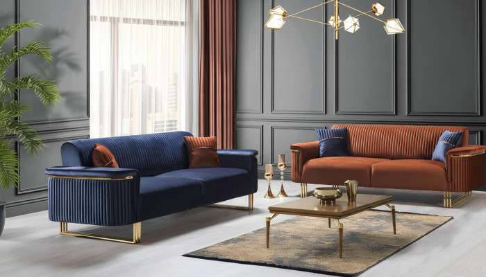 Moderno obývací pokoj v modro-oranžové barvě, sada pohovkového nábytku designové látkové pohovky 2 dílné.