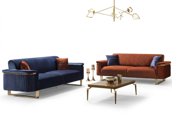 Moderno obývací pokoj v modro-oranžové barvě, sada pohovkového nábytku designové látkové pohovky 2 dílné.