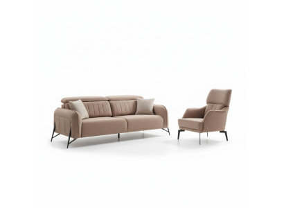 Beiges Wohnzimmer Stoffsofa Luxuriöser Sessel 3-Sitzer Einsitzer 2tlg