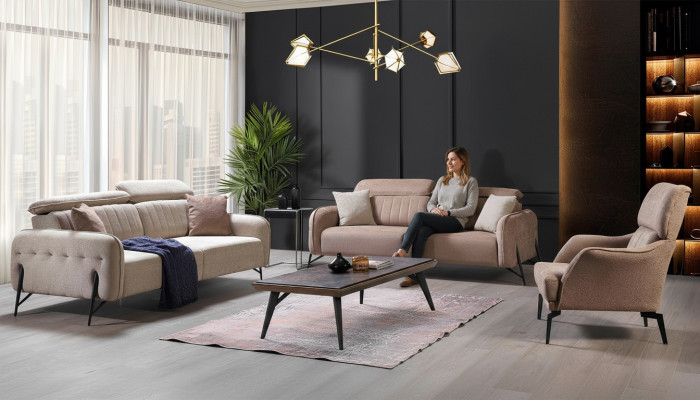 Beige Wohnzimmer Sofagarnitur Designer 2x Stoffsessel 3-Sitzer 3tlg.