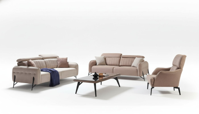 Beige Wohnzimmer Sofagarnitur Designer 2x Stoffsessel 3-Sitzer 3tlg.
