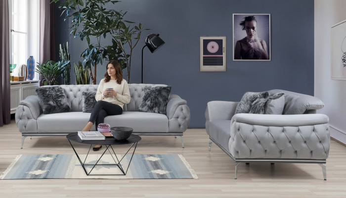 Grau Wohnzimmer Stoffsofa Modern Design Chesterfield Textil Material