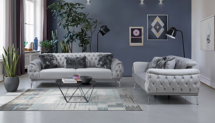 Grau Wohnzimmer Stoffsofa Modern Design Chesterfield Textil Material
