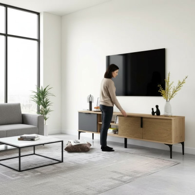 Braun-Grau RTV TV-Lowboard Schrank Modern Design Rechteckig Form Wohnzimmer