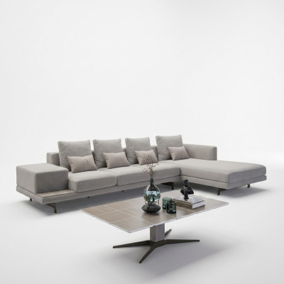 Luxus Wohnzimmer Set 3tlg Ecksofa L-Form Neu Couchtisch mit Holz Beistelltisch