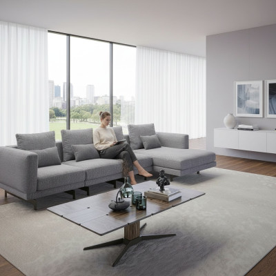 Luxus rohová sedací souprava L tvaru s designovým rohem, nová, kompletní, obývací pokoj.