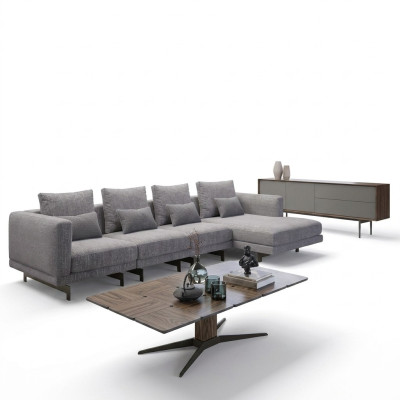 Luxus rohová sedací souprava L tvaru s designovým rohem, nová, kompletní, obývací pokoj.