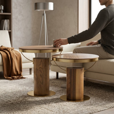 2x Rund Beisteltisch Braun Wohnzimmer Kaffeetisch Design Modern