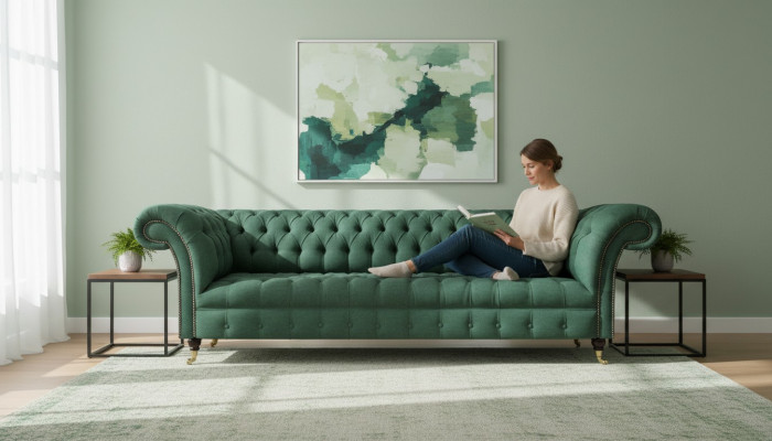 Polstermöbel Luxus Viersitzer Sofa Couch Grün Wohnzimmer Chesterfield
