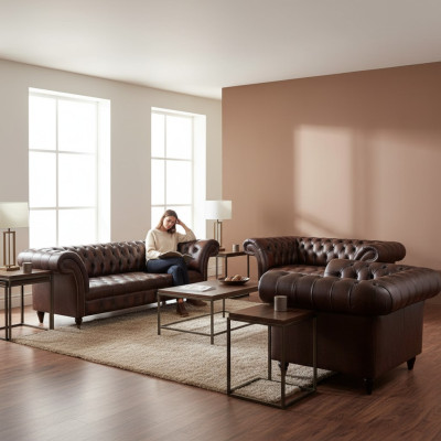 Chesterfield Leder Braun Wohnzimmer Polstermöbel Sofas Set Luxus Einrichtung
