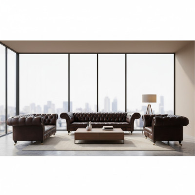 Chesterfield Leder Braun Wohnzimmer Polstermöbel Sofas Set Luxus Einrichtung
