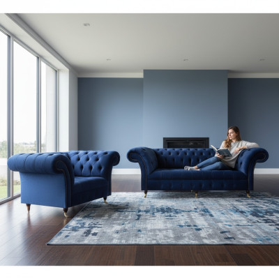 Komplett Set Sofa Dreisitzer Luxus Sessel Einrichtung Wohnzimmer Chesterfield