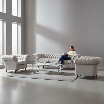 Luxus Einrichtung Neu Sofagarnitur Wohnzimmer Set 3tlg Grau Chesterfield