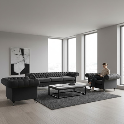 Chesterfield Schwarz Polstermöbel Sofagarnitur Set 3tlg Wohnzimmer 3+1+1