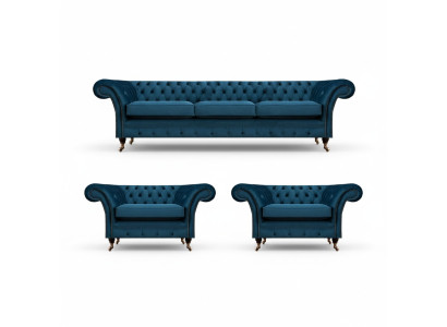 Luxusní modrý obývací pokoj Chesterfield set nábytku, pohovky z textilu.