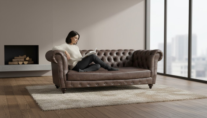 Hnědá kožená pohovka, třímístná sedačka, zařízení obývacího pokoje Chesterfield.