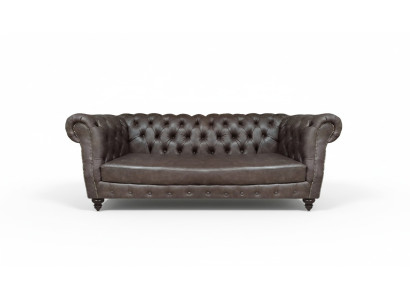 Hnědá kožená pohovka, třímístná sedačka, zařízení obývacího pokoje Chesterfield.