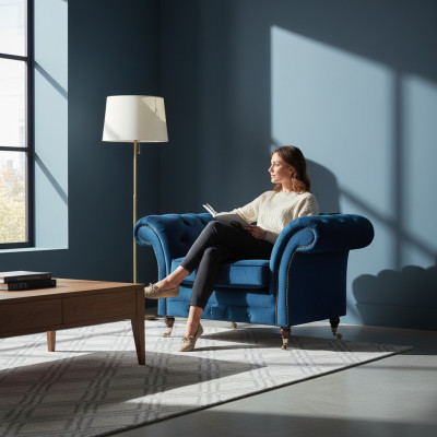 Blauer Wohnzimmer Chesterfield Textilsessel Stoffmöbel Luxus Einsitzer