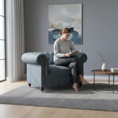 Chesterfield šedé látkové křeslo obývací pokoj textilní jedno-sedačkové elegantní křeslo