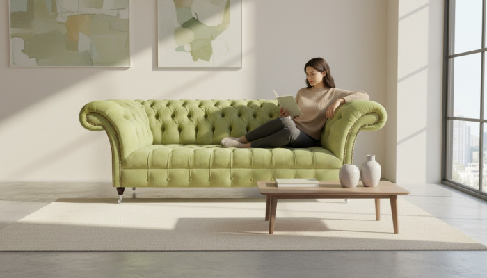 Chesterfield světle zelená pohovka Moderní obývací pokoj trojmístné luxusní nábytek