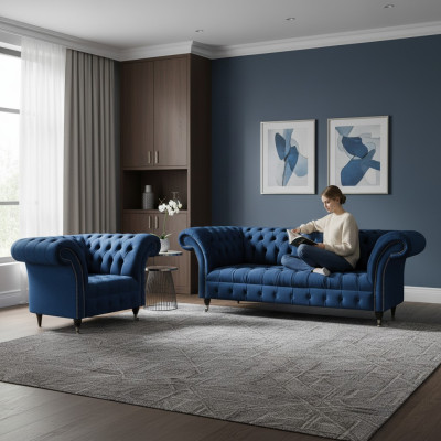Modrá pohovka Chesterfield od designéra, třímístná látková pohovka a dvoudílné křeslo.